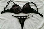 Lingerie setje zwart roze lint bh maat 75c string maat 36, H&M, Verzenden, Zwart, Setje