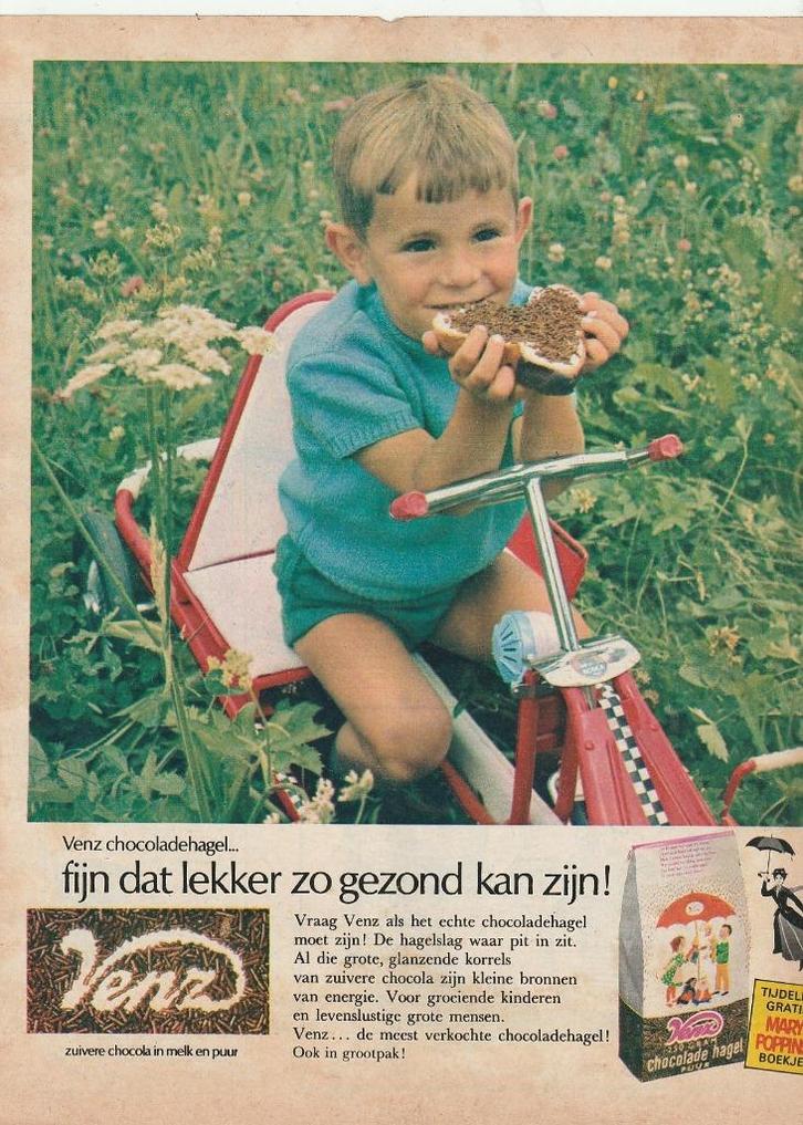 Retro reclame 1966 Venz hagelslag jongetje skelter, Verzamelen, Retro, Overige typen, Verzenden