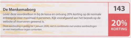 De Menkemaborg Uithuizen 20% korting Postcodeloterij bon 143, Tickets en Kaartjes, Musea, Drie personen of meer, Kortingskaart
