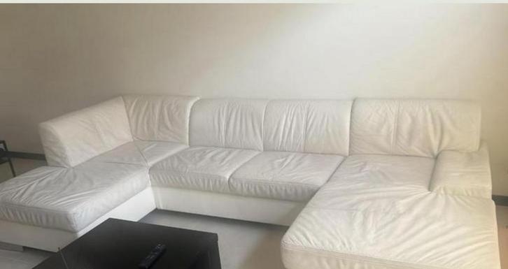 Witte lederen hoekbank, Huis en Inrichting, Banken | Bankstellen, Gebruikt, Hoekbank, Vierpersoons of meer, 250 tot 300 cm, 75 tot 100 cm