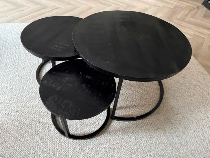 Salontafel set, 3 delig, mango hout, Huis en Inrichting, Tafels | Salontafels, Gebruikt, Minder dan 50 cm, 50 tot 100 cm, Rond