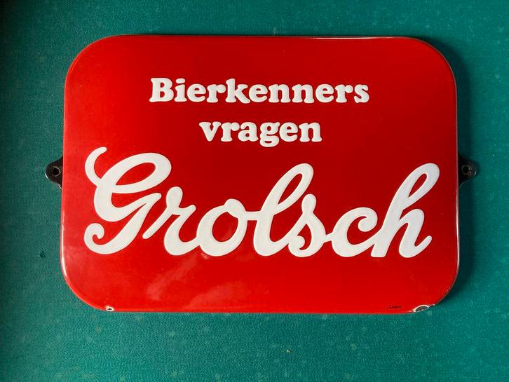Grolsch Emaille Reclamebord Bierkenners Vragen, Antiek en Kunst, Antiek | Emaille, Ophalen