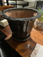 Blauw geglazuurde bloempot met schotel - 35cm, 25 tot 40 cm, Gebruikt, Rond, Binnen