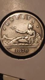 2 Pesetas 1870 Spanje, oude zilveren munt uit Spanje., Postzegels en Munten, Munten | Europa | Niet-Euromunten, Zilver, Ophalen of Verzenden