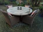 Mooie  ronde teakhouten tafel rond 150 cm. Izgst., Tuin en Terras, Ophalen, 4 zitplaatsen, Gebruikt, Wicker
