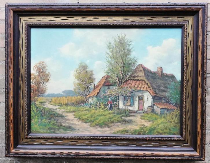 D. Oudheusden, Boerin bij hoeve. Olie/doek. 89/69 cm., Antiek en Kunst, Kunst | Schilderijen | Klassiek, Ophalen