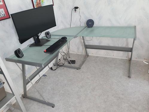 GRATIS hoekbureau glas / dubbel bureau met glazen bureaublad, Huis en Inrichting, Bureaus, Gebruikt, Bureau, Ophalen
