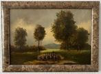 Pastoraal Landschap met Schapenkudde - Olieverf op paneel, Ophalen of Verzenden