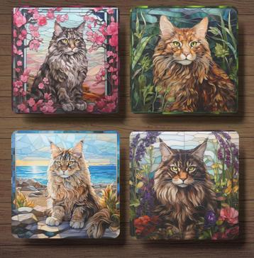 Maine Coon Glas in Lood onderzetters met houder beschikbaar voor biedingen