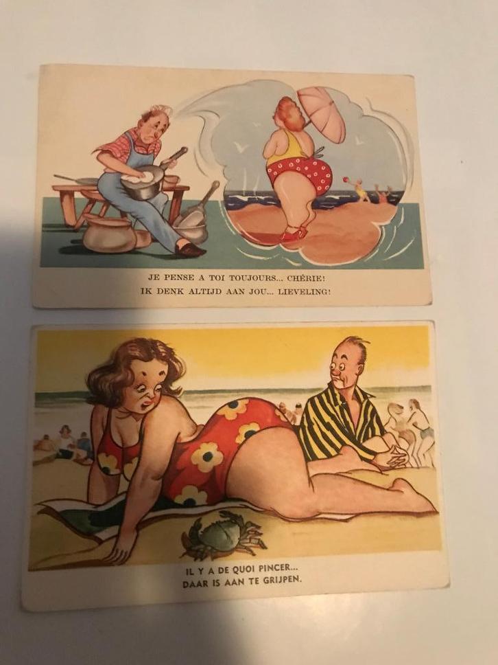 Vintage Humor kaarten -Ned/België -2 stuks - pin up- '70-'80, Verzamelen, Ansichtkaarten | Themakaarten, Ongelopen, 1960 tot 1980
