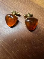 Manchetknopen met amber, vintage, Ophalen of Verzenden, Zo goed als nieuw, Steen