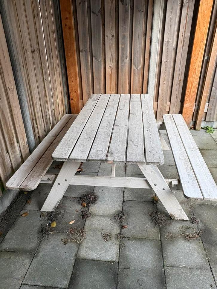 Witte picknicktafel, Tuin en Terras, Tuinbanken, Gebruikt, Hout, Ophalen of Verzenden