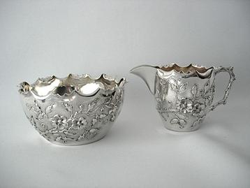 Zilver Art Nouveau zilveren Roomstel Melkkan en Suikerschaal beschikbaar voor biedingen