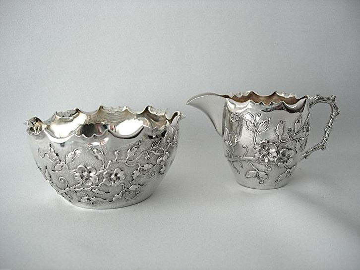 Zilver Art Nouveau zilveren Roomstel Melkkan en Suikerschaal, Antiek en Kunst, Antiek | Goud en Zilver, Zilver, Ophalen of Verzenden