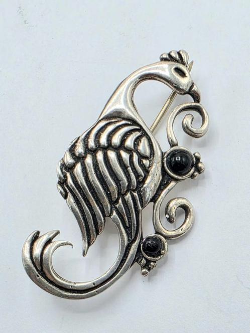 Zilveren Vogel Broche Met Onyx Stenen, Sieraden, Tassen en Uiterlijk, Broches, Zo goed als nieuw, Zilver, Zwart, Verzenden