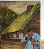 Olieverf boerderij boer met borrel jeneverfles gesigneerd., Ophalen