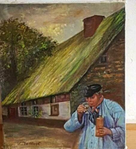 Olieverf boerderij boer met borrel jeneverfles gesigneerd., Antiek en Kunst, Kunst | Schilderijen | Klassiek, Ophalen