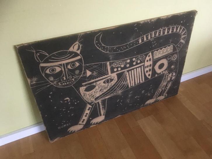 zeefdruk op linnen jaren ’50 tijger / kat BURKI?, Antiek en Kunst, Kunst | Litho's en Zeefdrukken, Ophalen of Verzenden