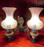 2 Arms antieke wandlamp barok koper brons - lampenkap glas, Huis en Inrichting, Lampen | Wandlampen, Ophalen of Verzenden, Glas