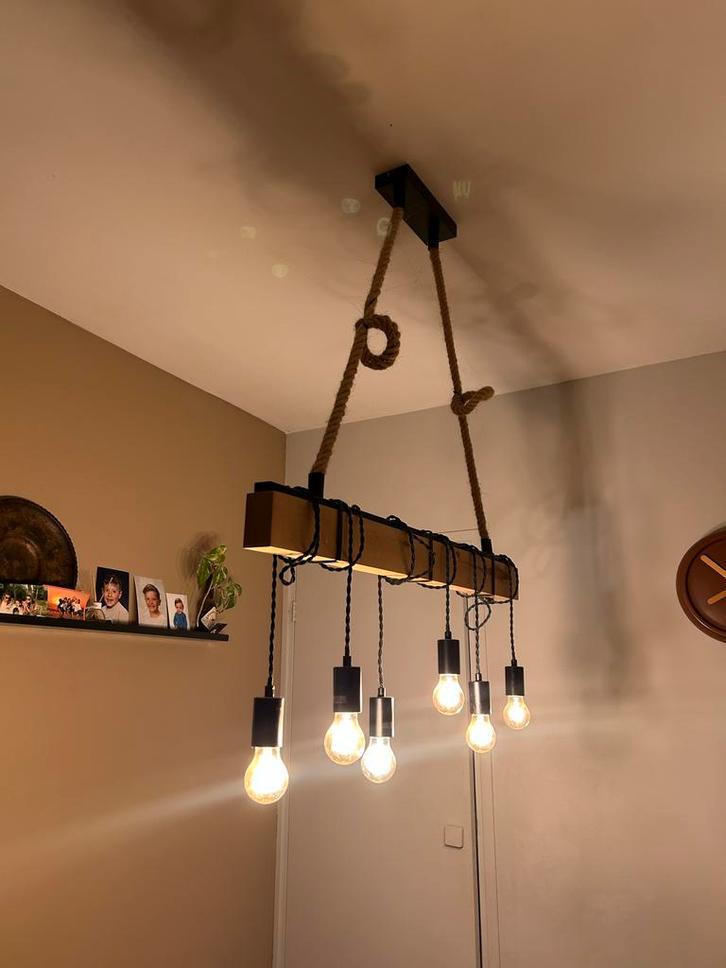 Unieke Houten Hanglamp met Touw, Huis en Inrichting, Lampen | Hanglampen, Zo goed als nieuw, 50 tot 75 cm, Hout, Ophalen of Verzenden