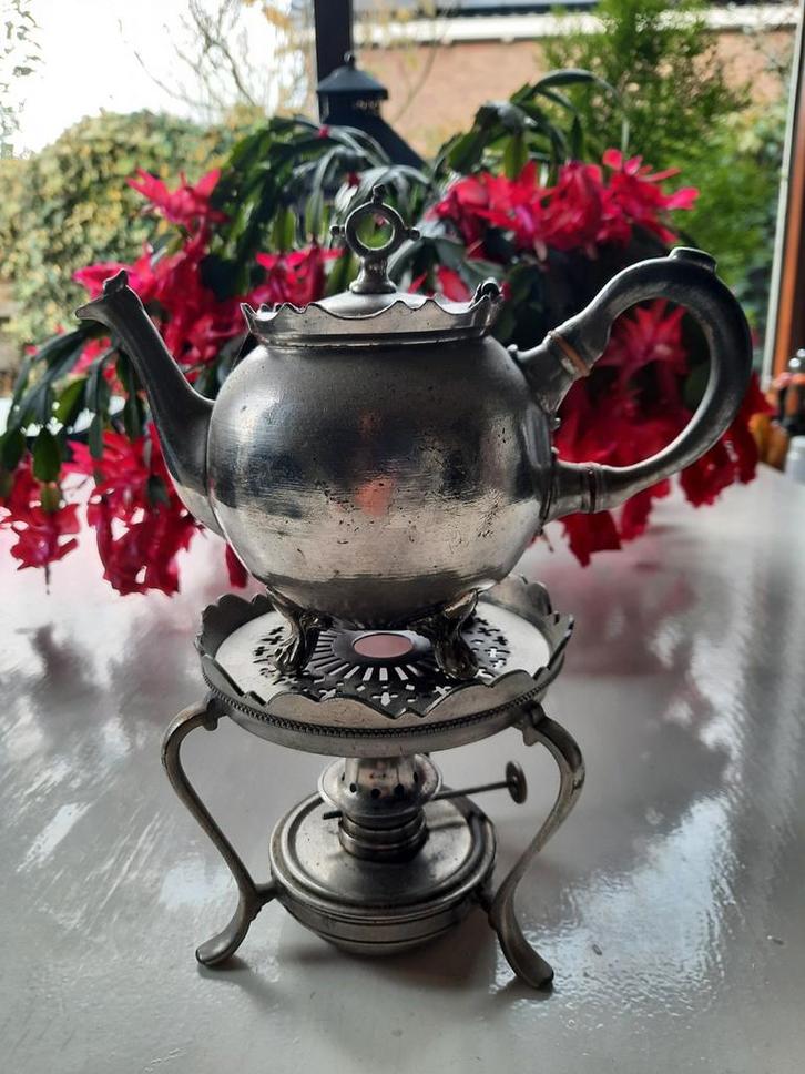 Antieke Tinnen Theepot met Rechaud, Antiek en Kunst, Antiek | Tin, Ophalen
