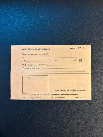 Ongebruikt envelopje ‘Gevonden plaatsbewijs NS’ (1964) beschikbaar voor biedingen