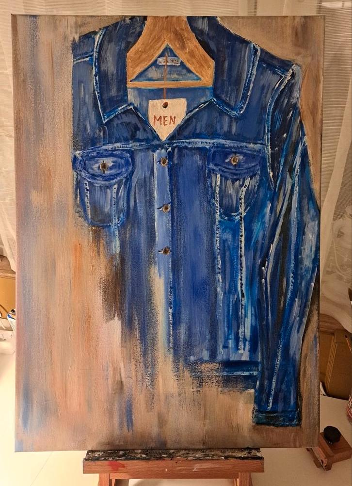 Denim Jas ( spijkerjack) Schilderij abstract super mooi., Antiek en Kunst, Kunst | Schilderijen | Klassiek, Ophalen of Verzenden