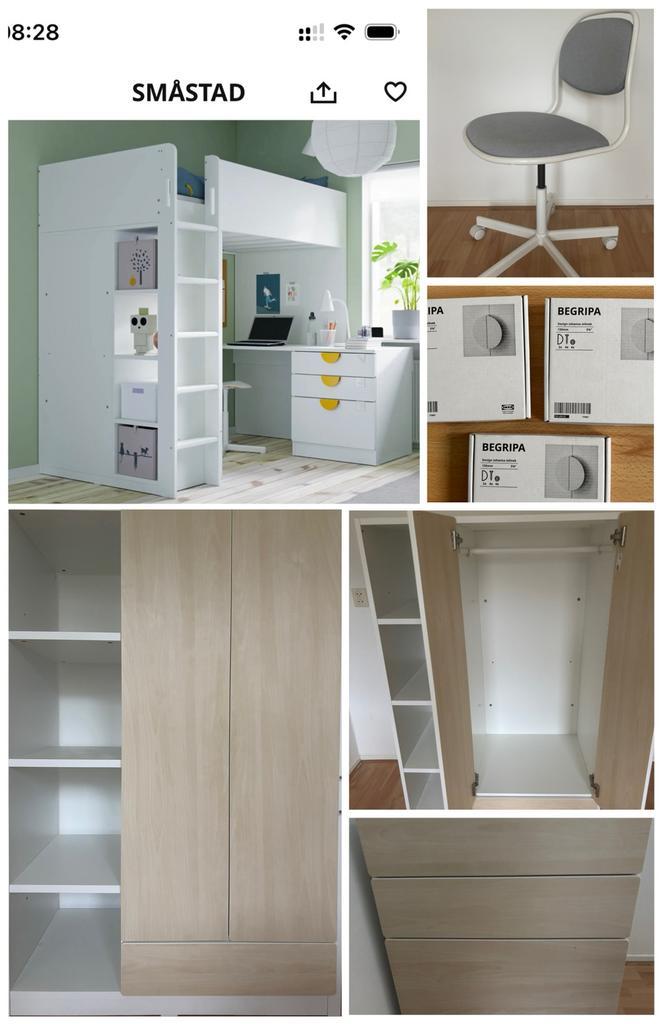 Hoogslaper Småstad wit/berken met bureau en kast (+ extra’s), Huis en Inrichting, Slaapkamer | Stapelbedden en Hoogslapers, Gebruikt