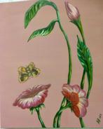 Illusie - Olieverf Schilderij met Bloemen en Vlinder, Ophalen of Verzenden