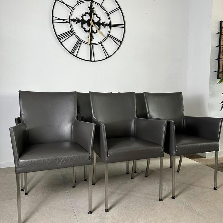 6x Bert Plantagie eetkamerstoelen/ Leder - RVS / Prima staat, Huis en Inrichting, Stoelen, Gebruikt, Vijf, Zes of meer stoelen