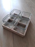 Houten bakje/tray met 4 accu vaasjes, Ophalen of Verzenden, Zo goed als nieuw, Glas, Minder dan 50 cm