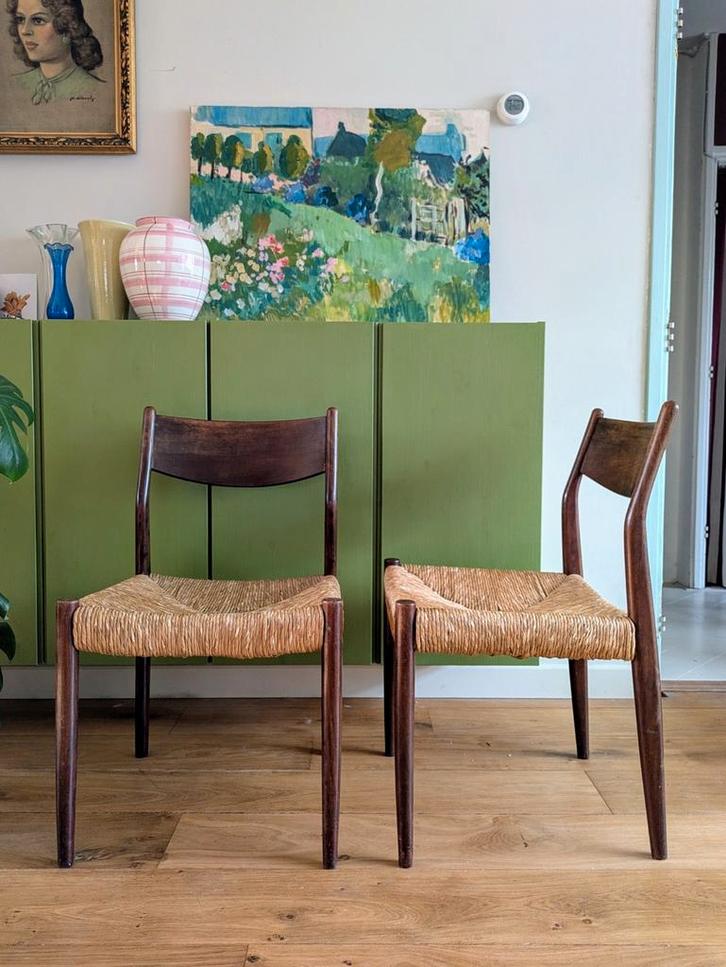 Vintage Cees Braakman Pastoe Mid Century teak stoel met stro, Huis en Inrichting, Stoelen, Gebruikt, Eén, Bruin, Ophalen