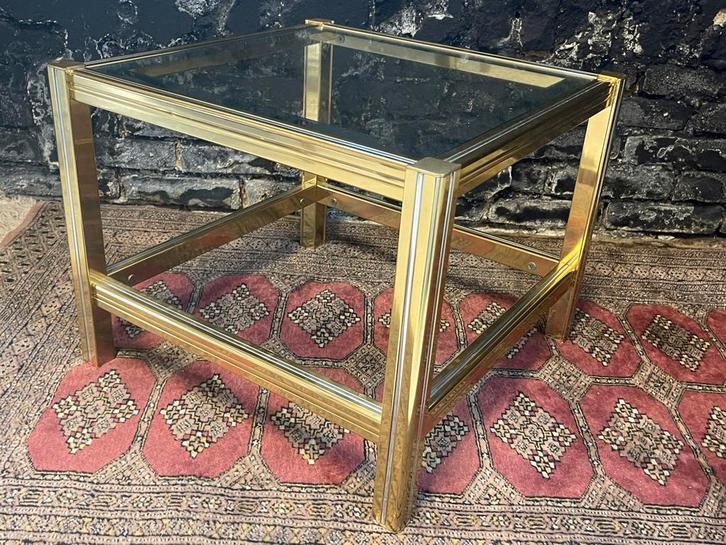 Vintage bijzettafel tafeltje mesding glas vierkant model, Huis en Inrichting, Woonaccessoires | Overige, Gebruikt, Ophalen