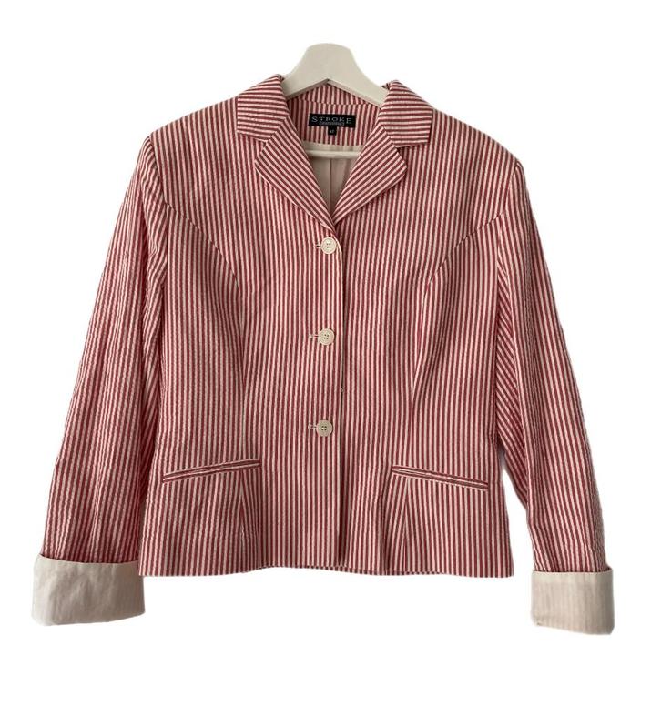 Rood~ Roomwit gestreept zomerjasje van Stroke, maat L, Kleding | Dames, Jasjes, Kostuums en Pakken, Gedragen, Jasje, Maat 42/44 (L)