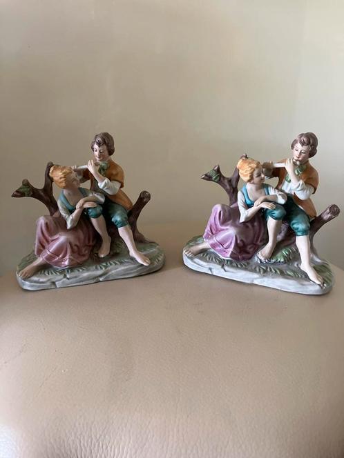 Antieke Porseleinen Beeldjes - Fluitspeler en Meisje, Antiek en Kunst, Antiek | Porselein, Ophalen of Verzenden