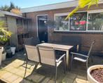 Tuintafel hardsteen rvs onderstel en alluminium bankjes, Tuin en Terras, Tuinsets en Loungesets, Ophalen, Gebruikt, Overige materialen