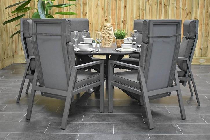 Firenze Ronde Tafel 150 Keramischblad Dark Grey met 6 Birmin, Tuin en Terras, Tuinsets en Loungesets, Nieuw, Tuinset, Aluminium
