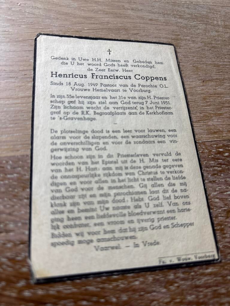 Coppens Henricus 1951 pastoor Voorburg Gravenhage - 28664, Verzamelen, Bidprentjes en Rouwkaarten, Ophalen of Verzenden, Bidprentje