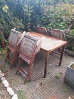 Ascot tuintafel met 4 Hattersley klapstoelen, Ophalen, Zo goed als nieuw, Teakhout