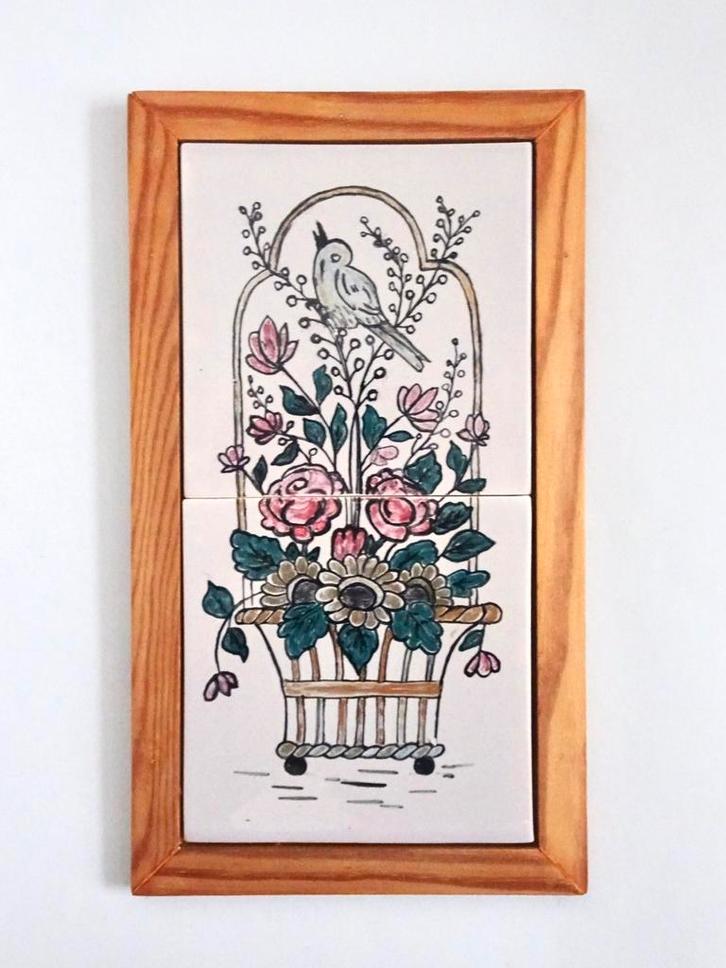 Vintage vogel bloemen mand tegel tableau tegels lijst antiek, Antiek en Kunst, Antiek | Wandborden en Tegels, Verzenden