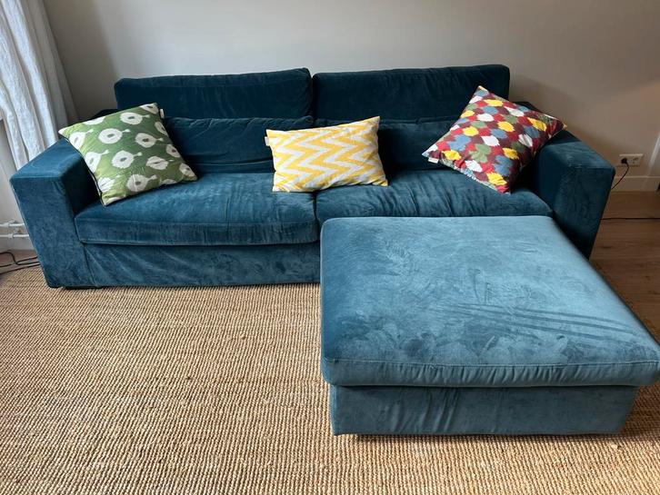 Blauwe Bank met Voetenbank | DECOR Amsterdam, Huis en Inrichting, Banken | Bankstellen, Gebruikt, Rechte bank, Driepersoons, 200 tot 250 cm