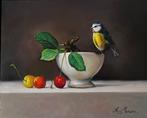 Alfonso Moreno pimpelmees en kersen op paneel., Antiek en Kunst, Kunst | Schilderijen | Klassiek, Ophalen of Verzenden