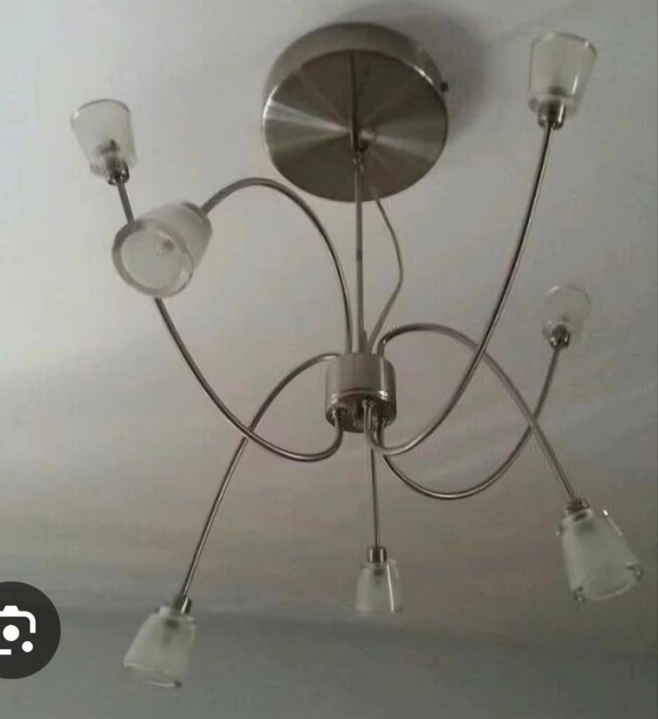 Moderne plafondlamp met 7 glazen kappen, Ophalen of Verzenden, Zo goed als nieuw, Glas, Modern