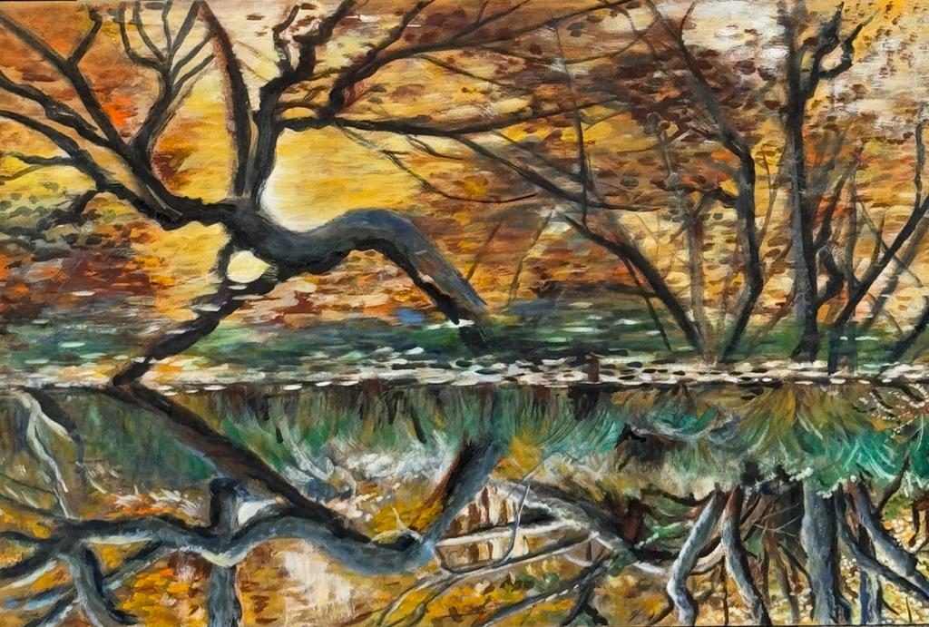 Schilderij waterspiegeling, Antiek en Kunst, Kunst | Schilderijen | Klassiek, Ophalen