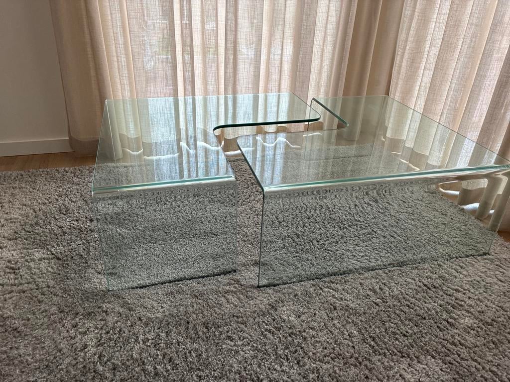 Tweedelig glazen salontafel, Huis en Inrichting, Tafels | Salontafels, Ophalen, Gebruikt, 100 tot 150 cm, 50 tot 100 cm