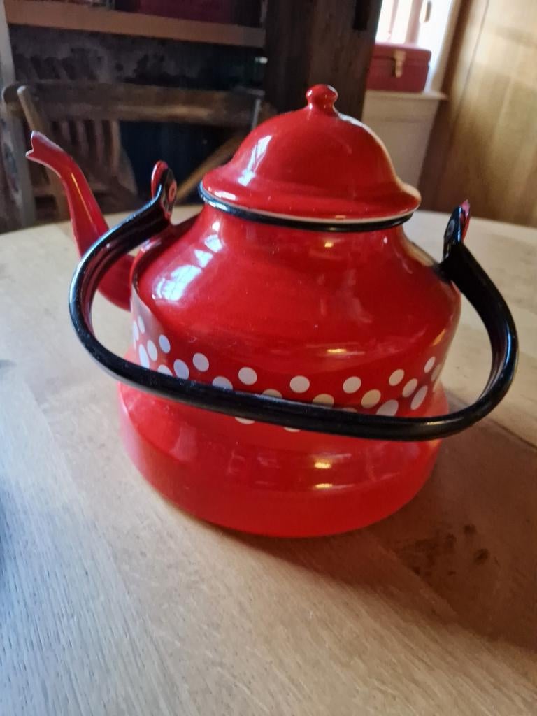 ROOD MET WITTE STIPPEN POLKADOT EMAILLE FLUITKETEL, Ophalen of Verzenden