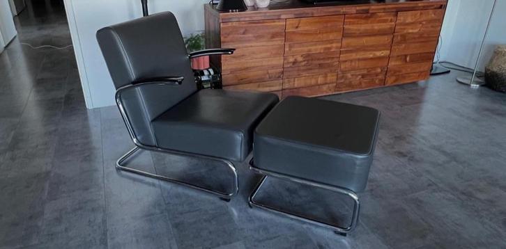 Gispen stoel (405) met bijpassende hocker (433), Huis en Inrichting, Stoelen, Zo goed als nieuw, Eén, Leer, Grijs, Ophalen