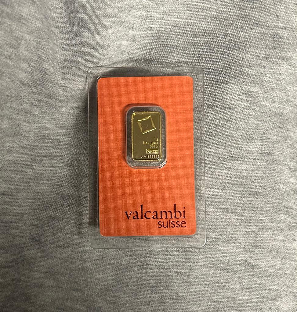 Valcambi Suisse goudbaar van 5 gram  met aankoopbewijs, Postzegels en Munten, Edelmetalen en Baren, Ophalen of Verzenden, Goud