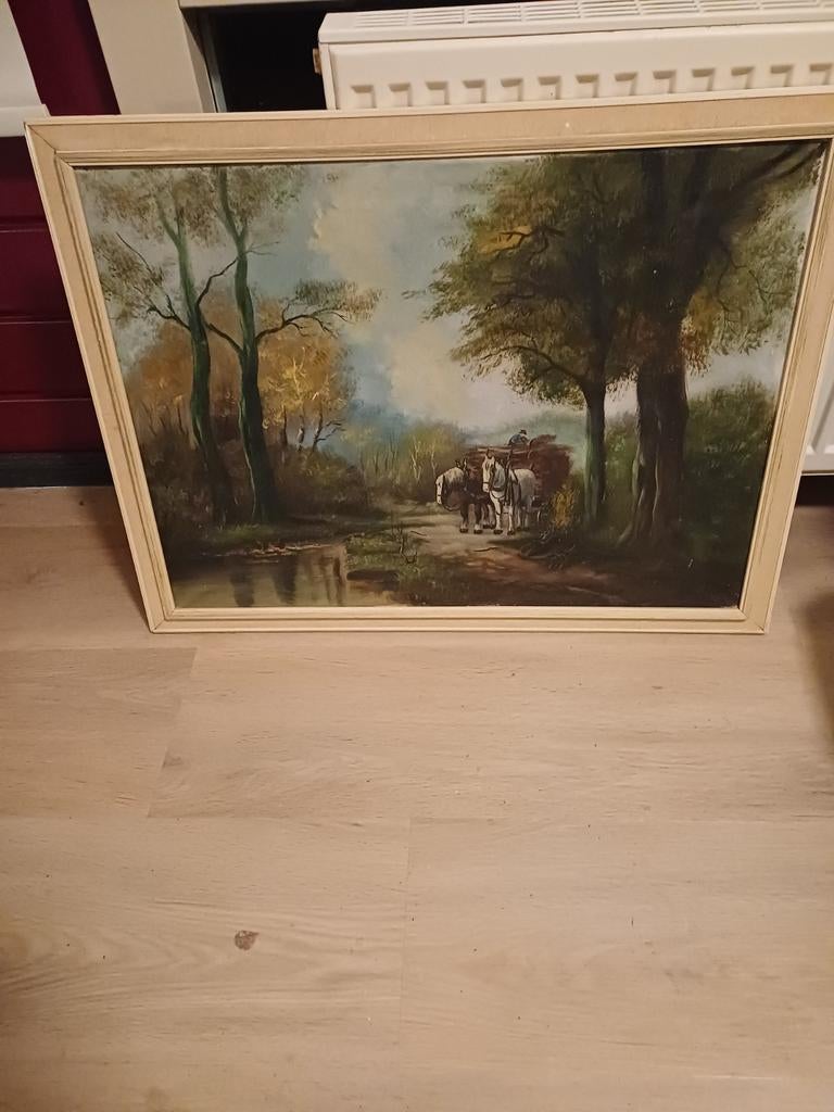 Schilderij met paarden en wagen in landschap, Ophalen of Verzenden