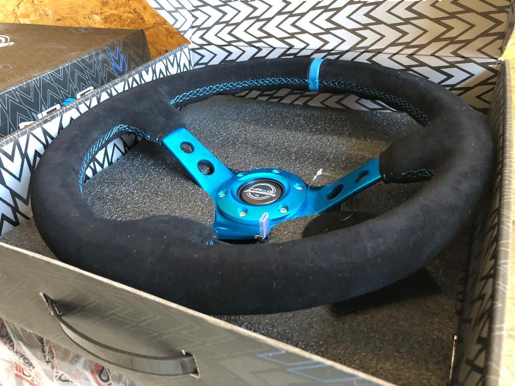 NRG Sportstuur suede 350mm blauw zwart deep dish 75mm, Ophalen of Verzenden